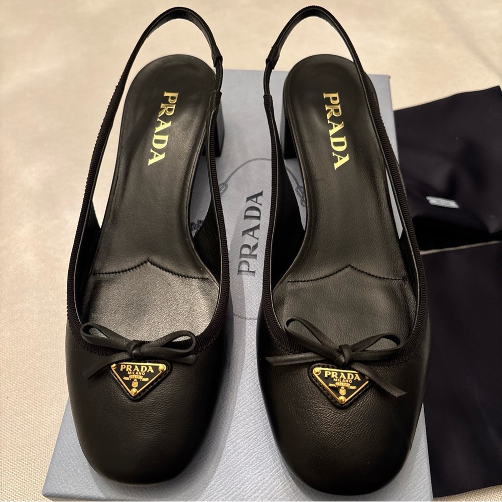 Authentic Prada Triangle Logo Bow Slingback Pump Black Leather EU 39 US 9 New - Picture 5 of 9